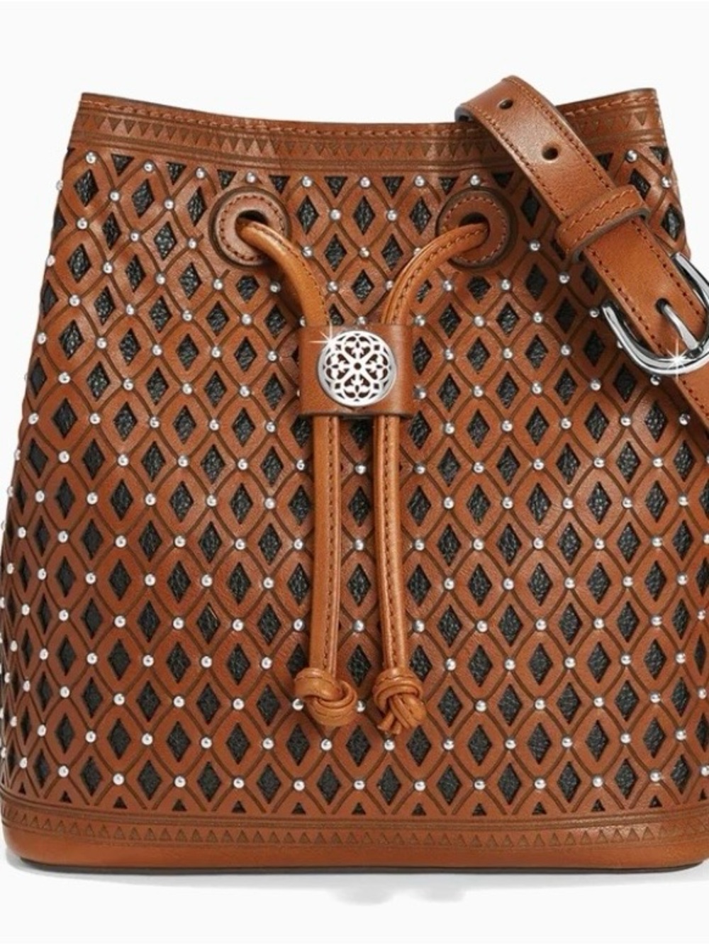 Brighton Diamonte Leather Drawstring Bucket Bag, crossbody, adjustable strap